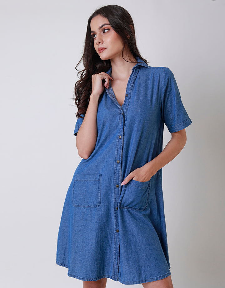 Short Sleeves Denim Buttons Dress