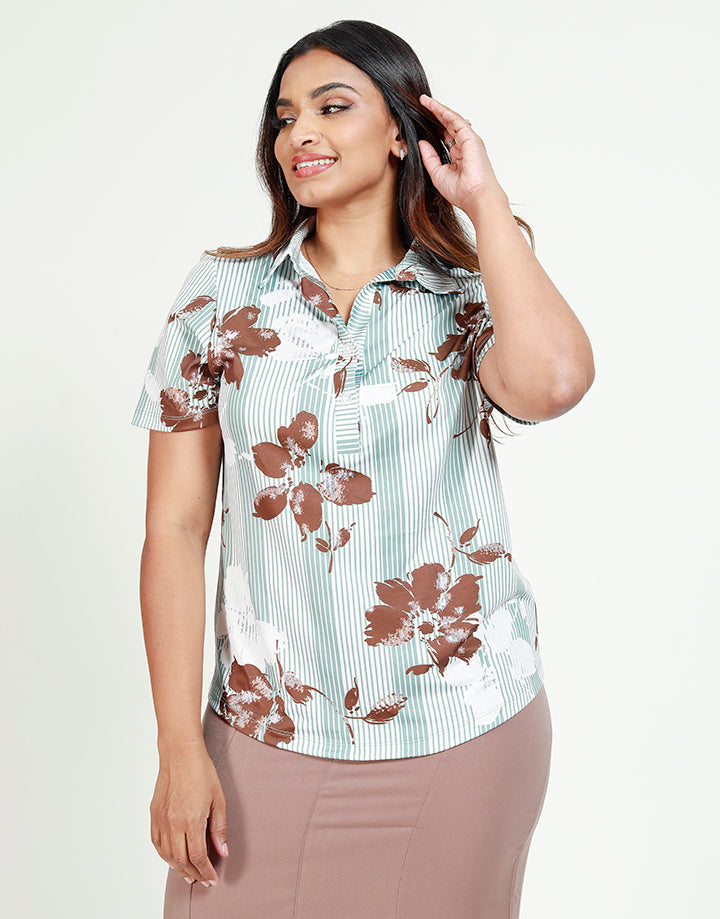 Short Sleeves Printed Top with Collar