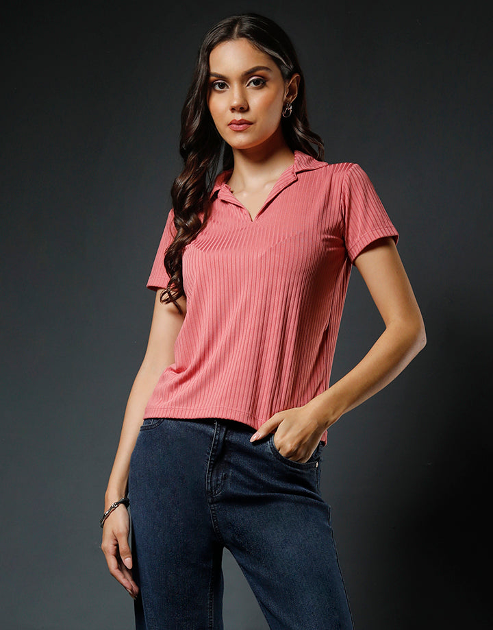 Short Sleeves Rib Knit Collared Top