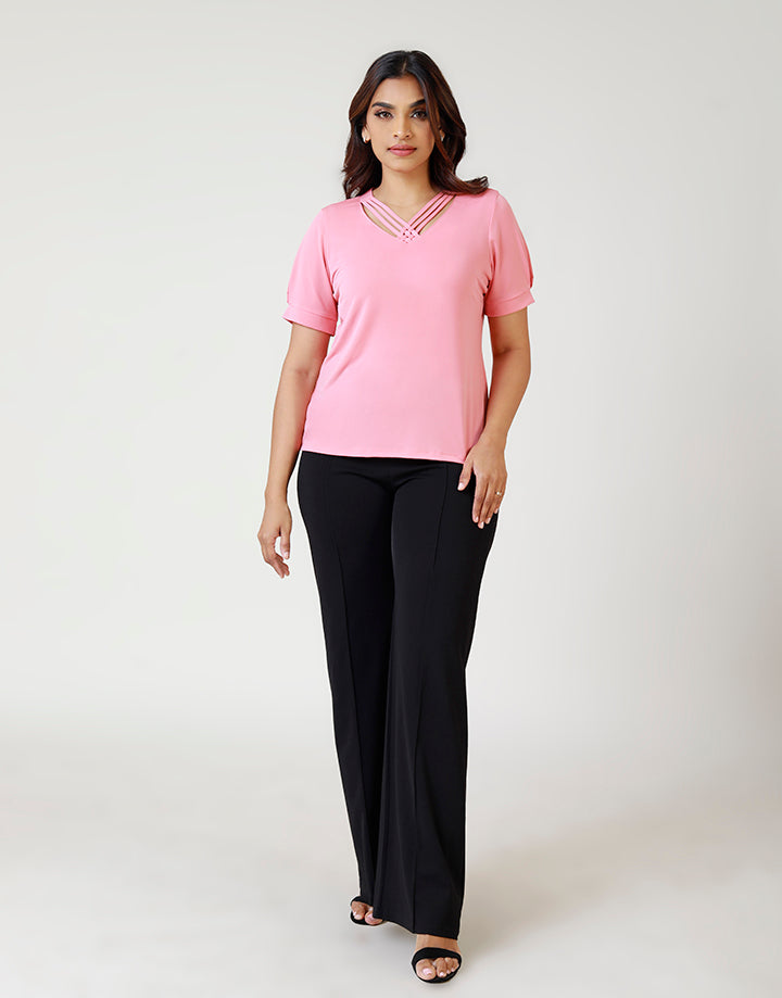 Short Sleeves Top with Weaved Neckline Detail