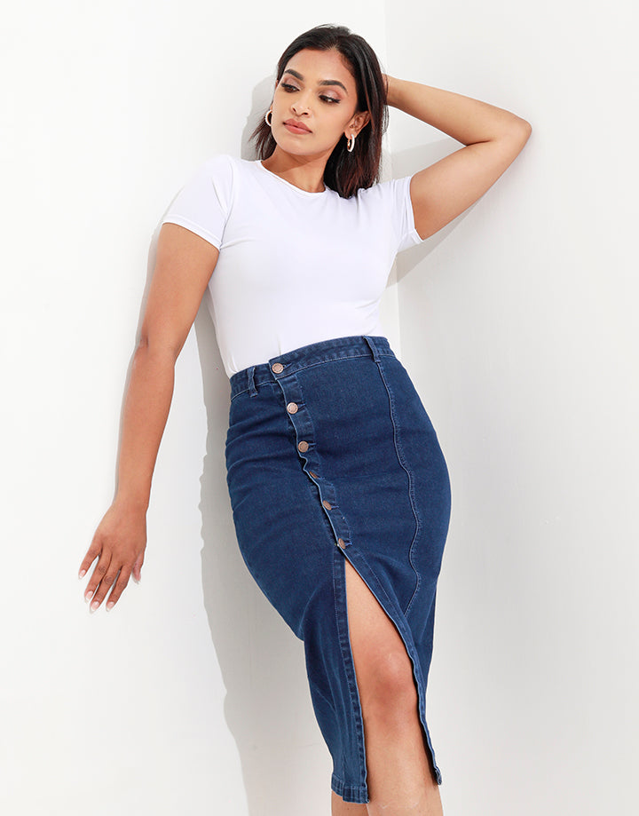 Reviz Side Button Down Slit Midi Skirt