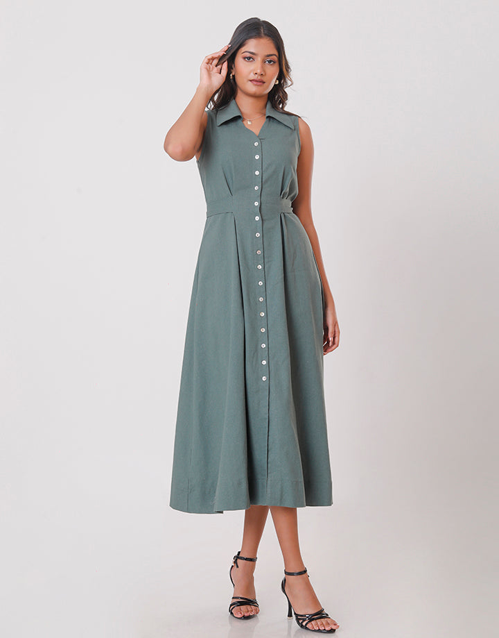 Sleeveless Belted Linen Shirt Dress