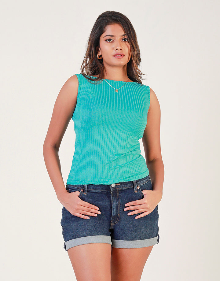 Sleeveless Boat Neck Rib Top