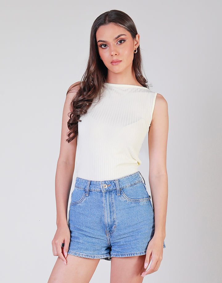 Sleeveless Boat Neck Rib Top