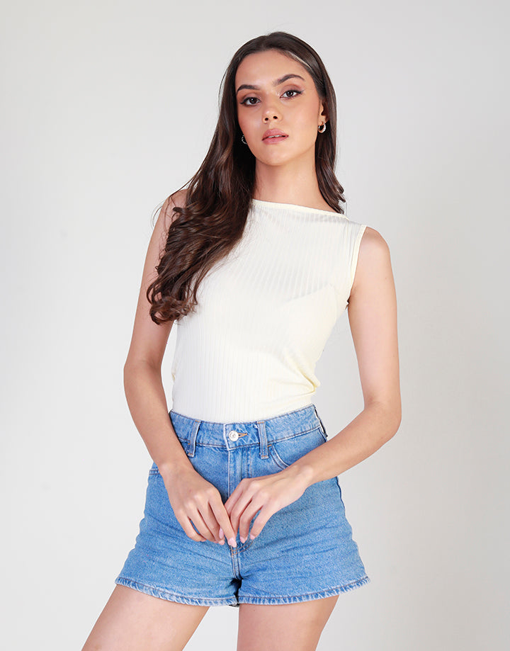 Sleeveless Boat Neck Rib Top