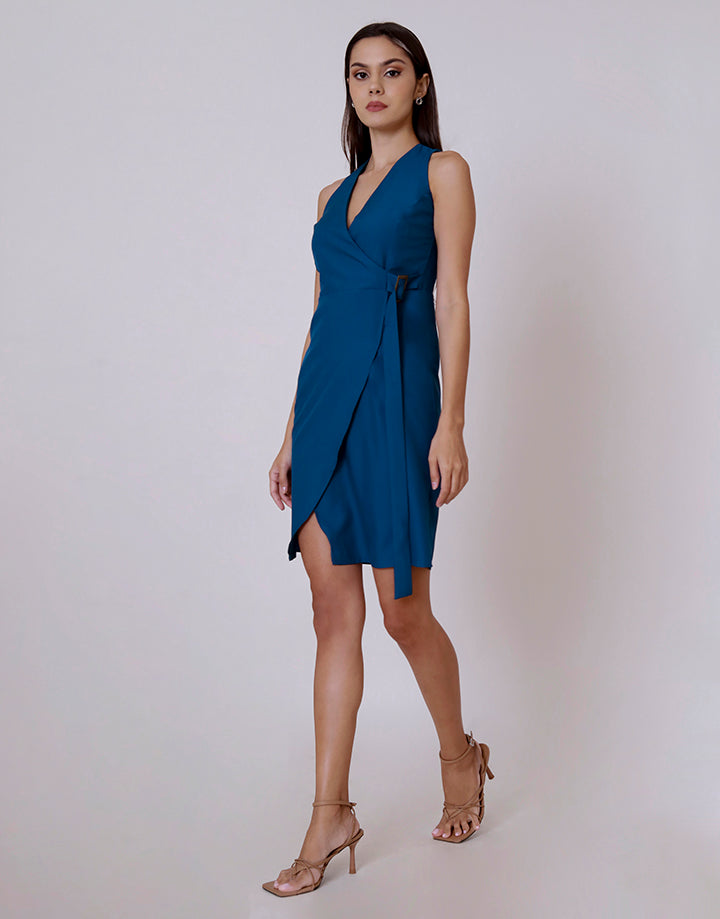 Sleeveless Crossover Neck Dress with Belt