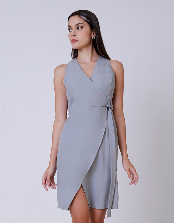 Sleeveless Crossover Neck Dress with Belt