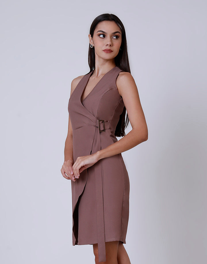 Sleeveless Crossover Neck Dress with Belt