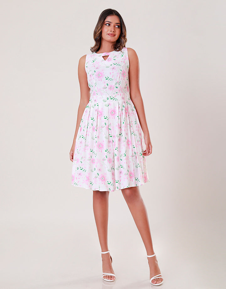 Sleeveless Floral Dress with Pleated Skirt