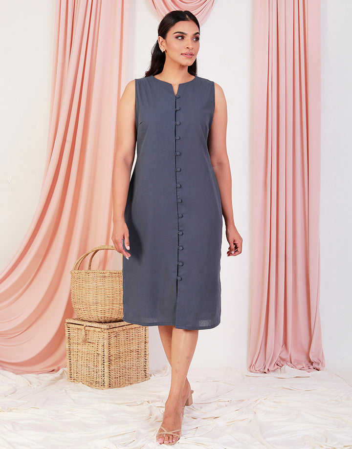 Sleeveless Shift Dress with Covered Buttons