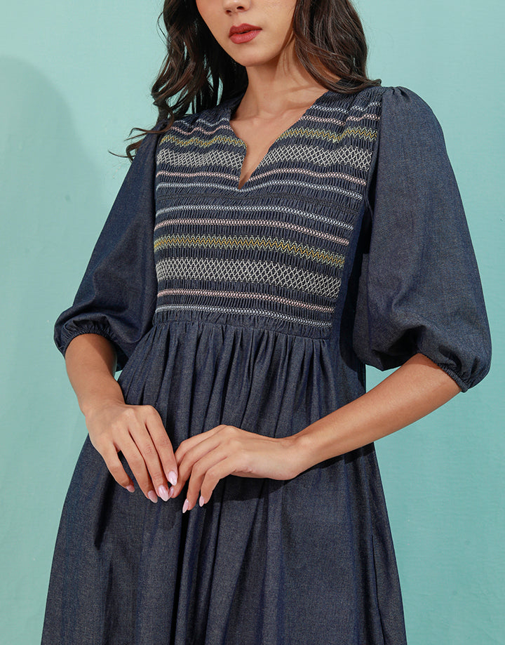 Smocked Front Dress with Puff Sleeves