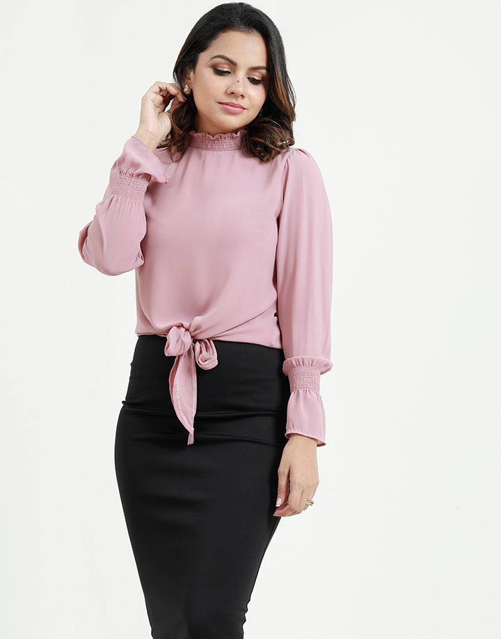 Smocked High Neck Blouse with Poet Sleeves