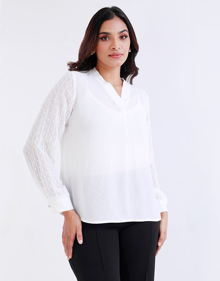 Solid Crepe V-Neck Top with Butti Sleeves