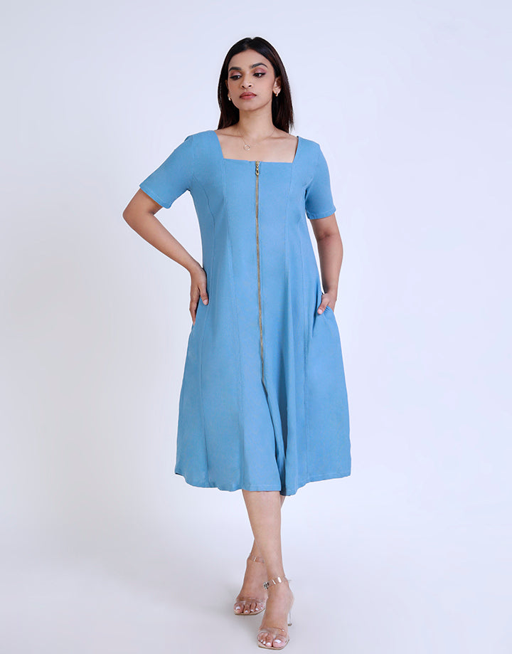 Square Neck Dress with Front Zipper