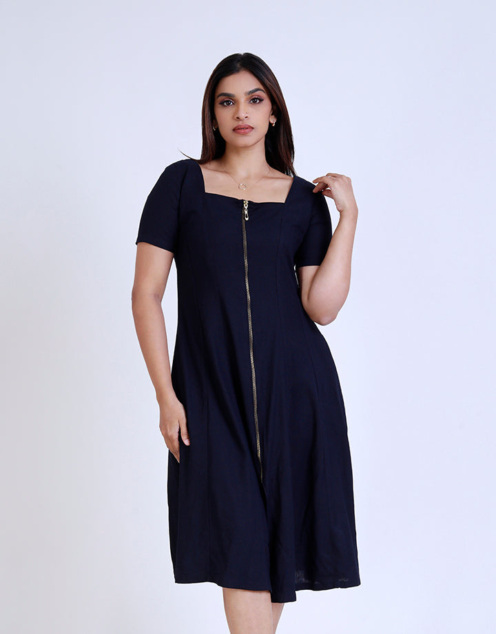 Square Neck Dress with Front Zipper