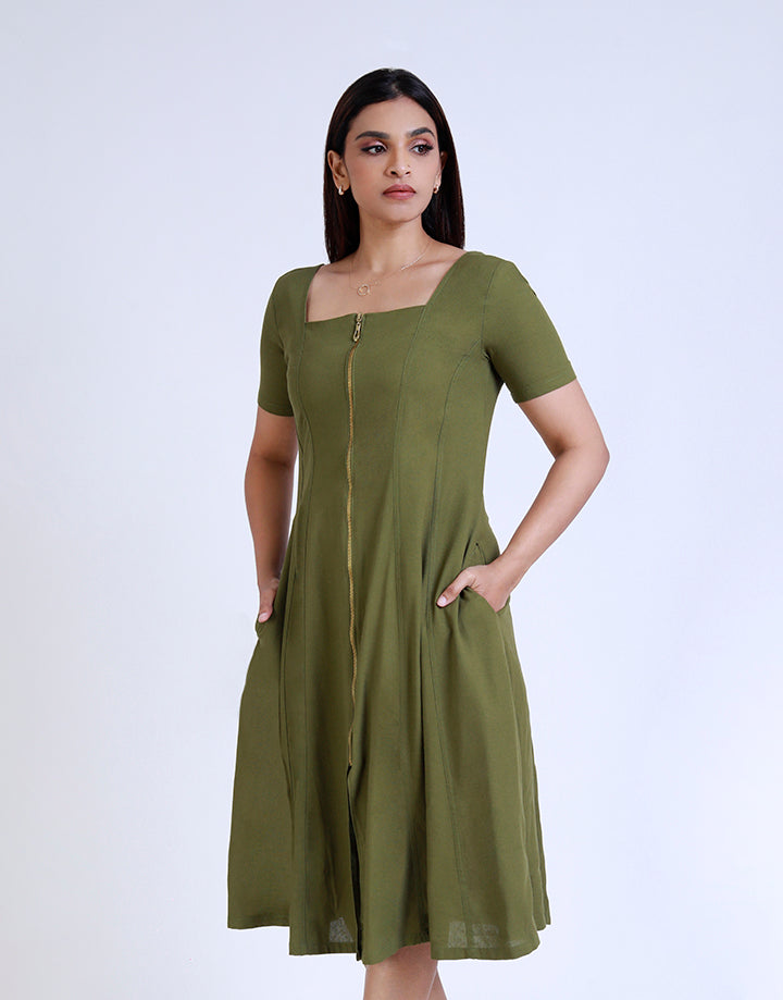 Square Neck Dress with Front Zipper