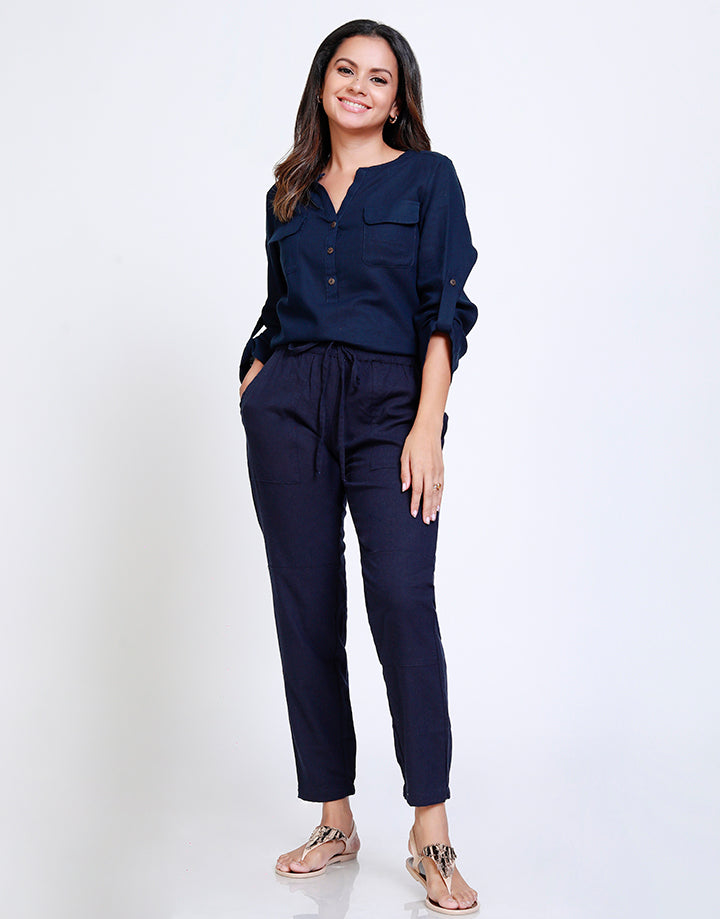 Straight Cut Linen Pant with Drawstring