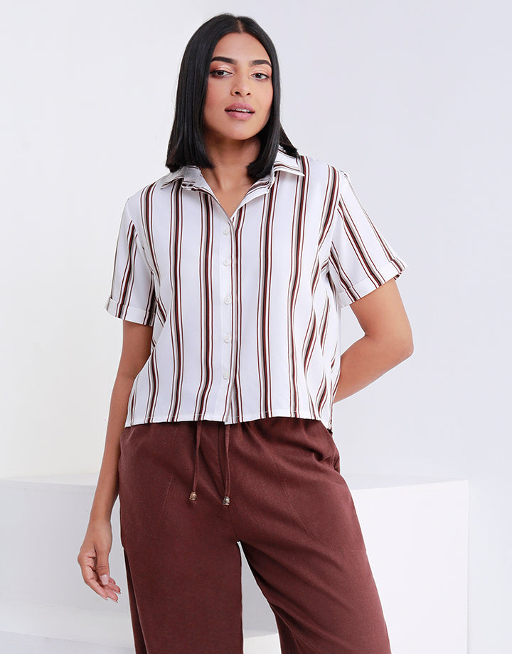 Stripe Short Sleeves Crop Shirt