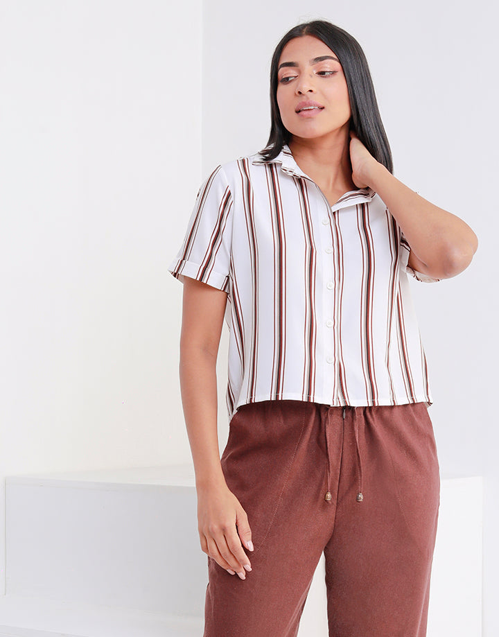 Stripe Short Sleeves Crop Shirt