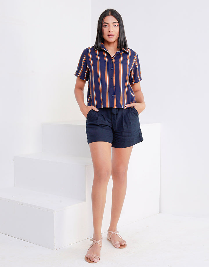 Stripe Short Sleeves Crop Shirt