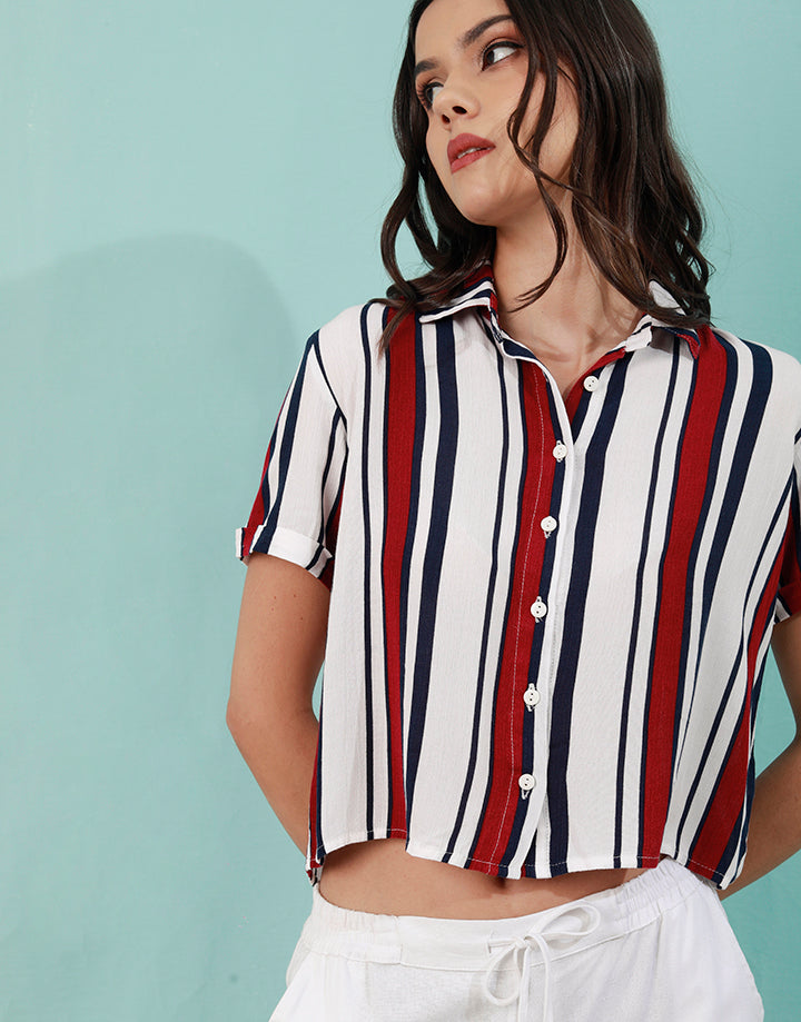 Striped Crop Top Shirt with Short Sleeves