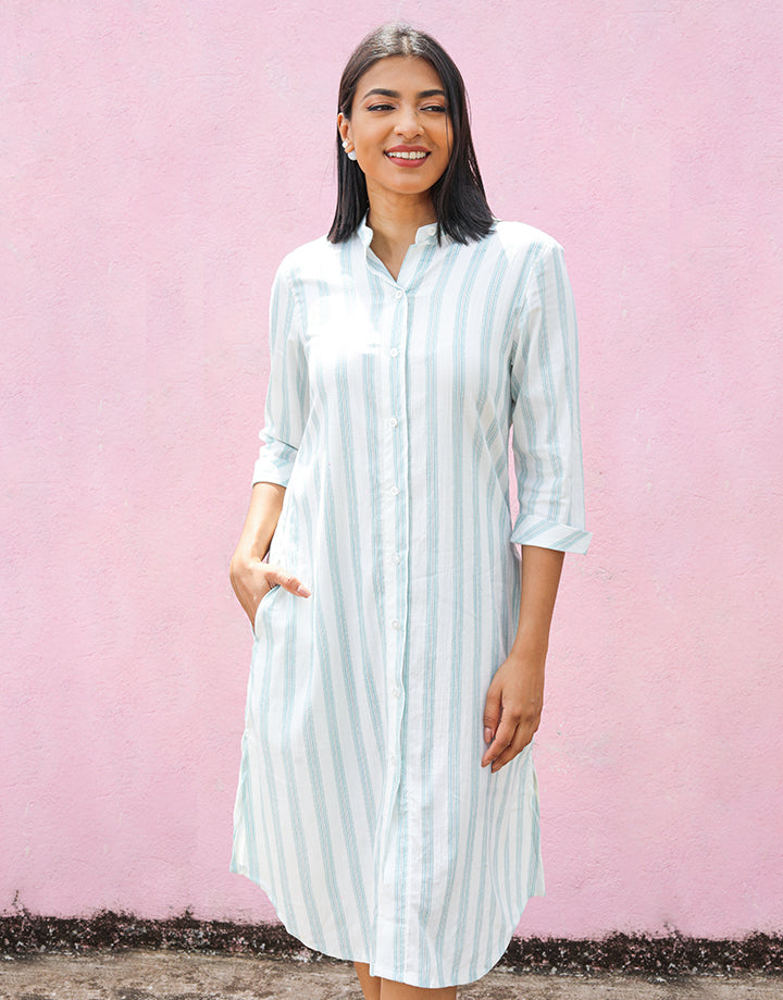 Striped Shirt Dress with Band Collar