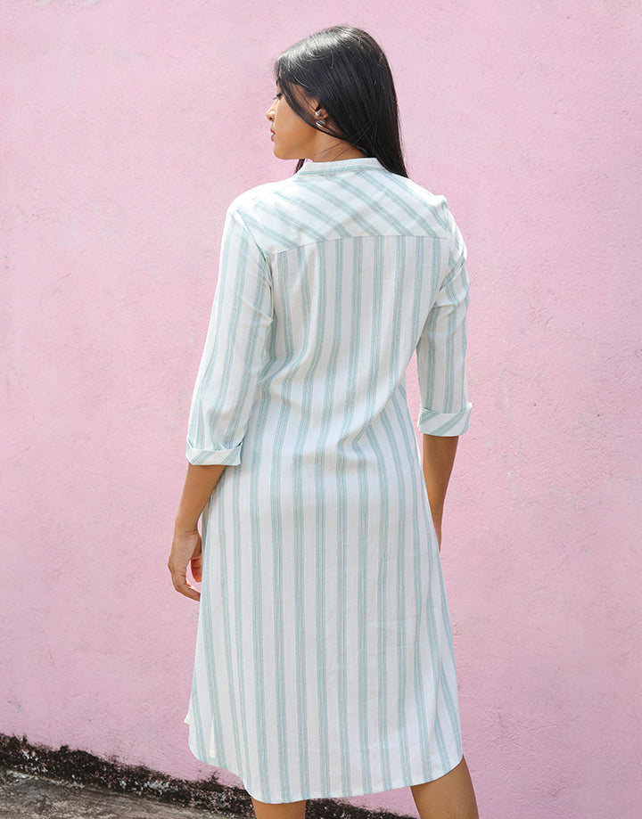 Striped Shirt Dress with Band Collar