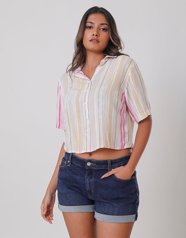 Striped Button-Tie Front Crop Shirt