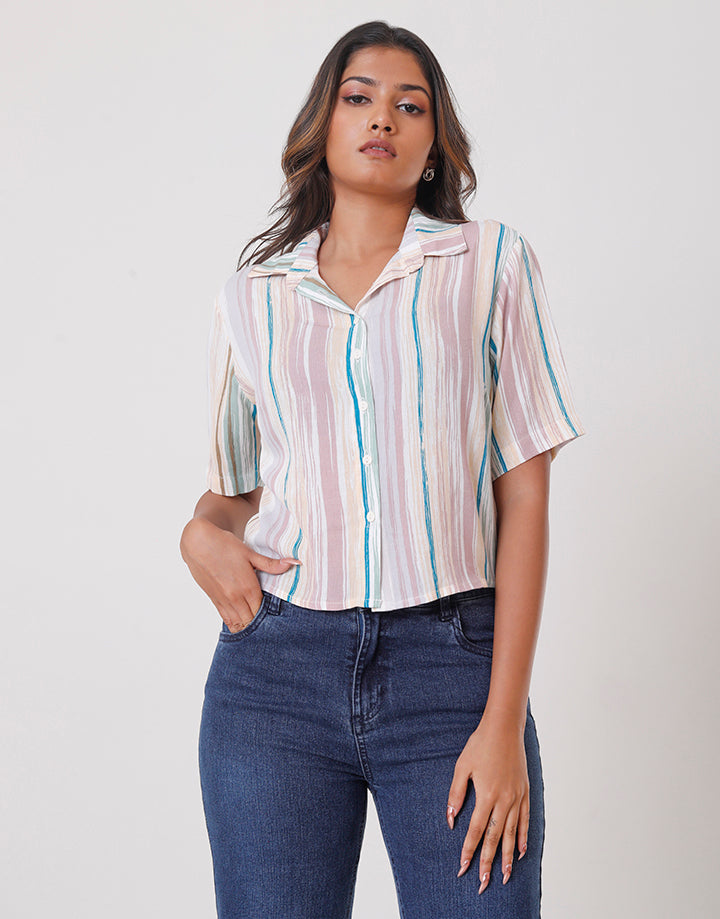 Striped Button-Tie Front Crop Shirt