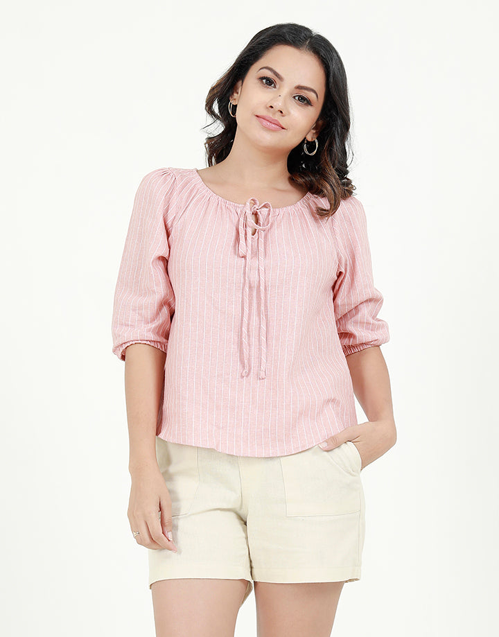 Striped ¾ Sleeves Top with Tie Up Cord