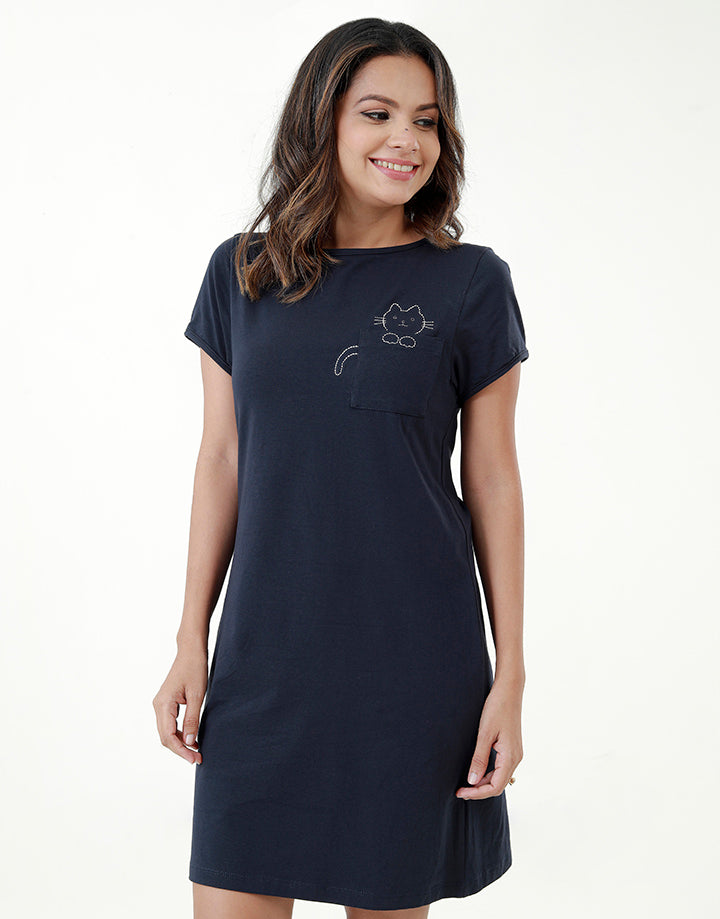 T-Shirt Dress with Cat Embroidery