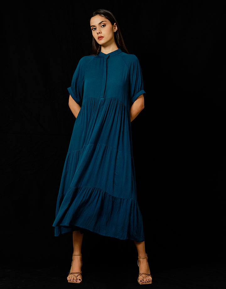 Tiered Midi Dress with Front Buttons