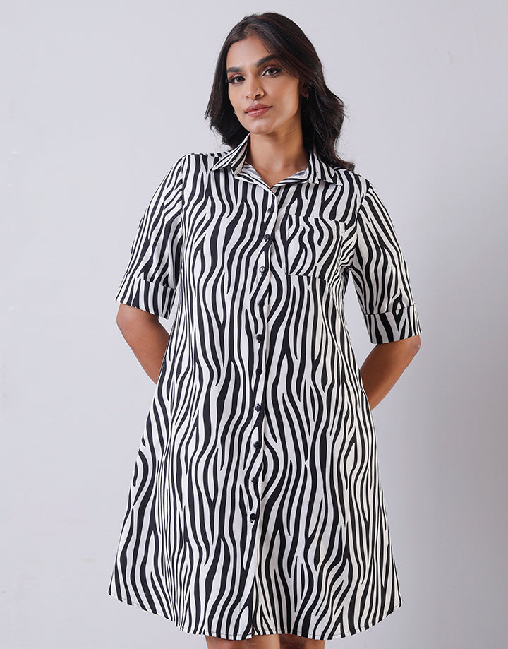 Turned Up Cuff Sleeves Shirt Dress