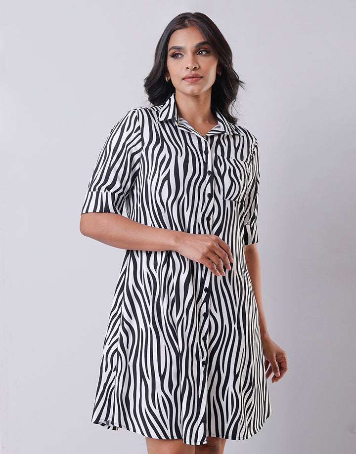 Turned Up Cuff Sleeves Shirt Dress