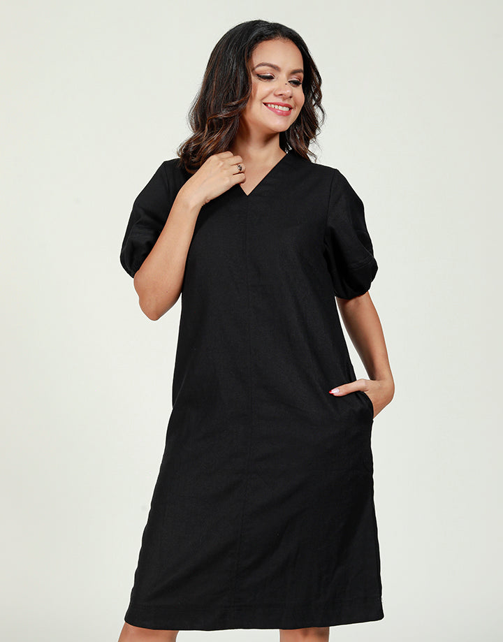 V-Neck A-Line Dress with Puff Sleeves