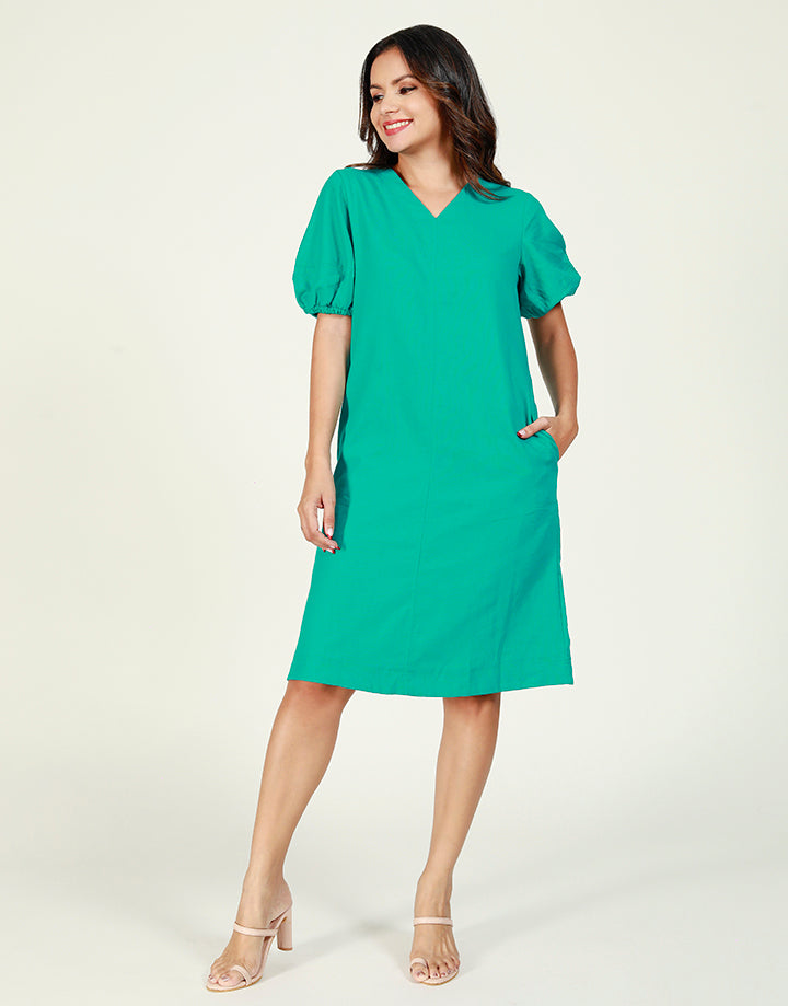 V-Neck A-Line Dress with Puff Sleeves