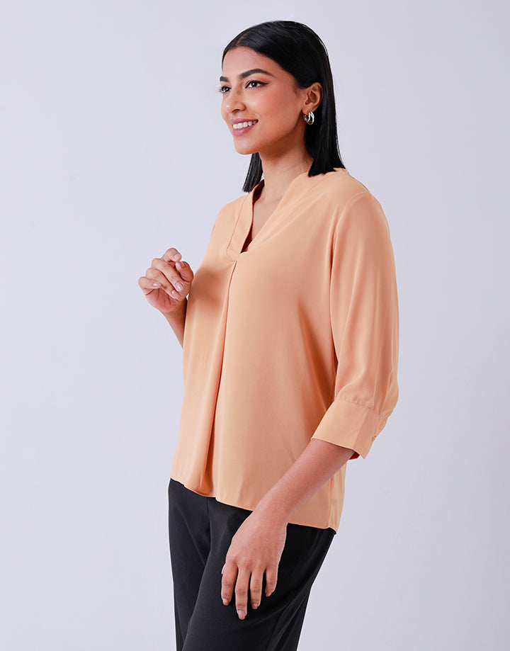 V-Neck Blouse with Front Pleat