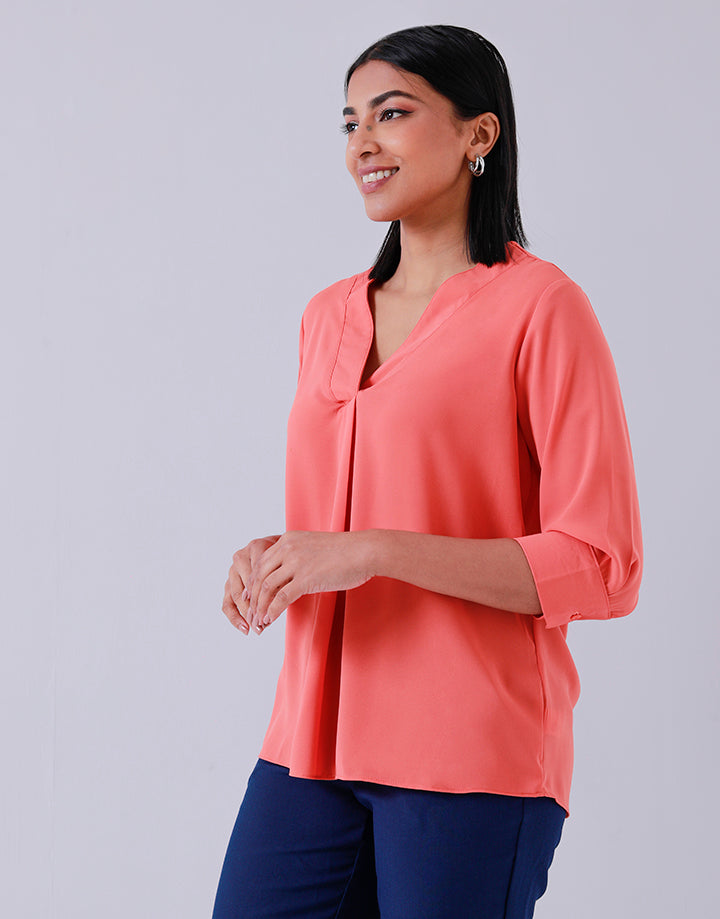 V-Neck Blouse with Front Pleat