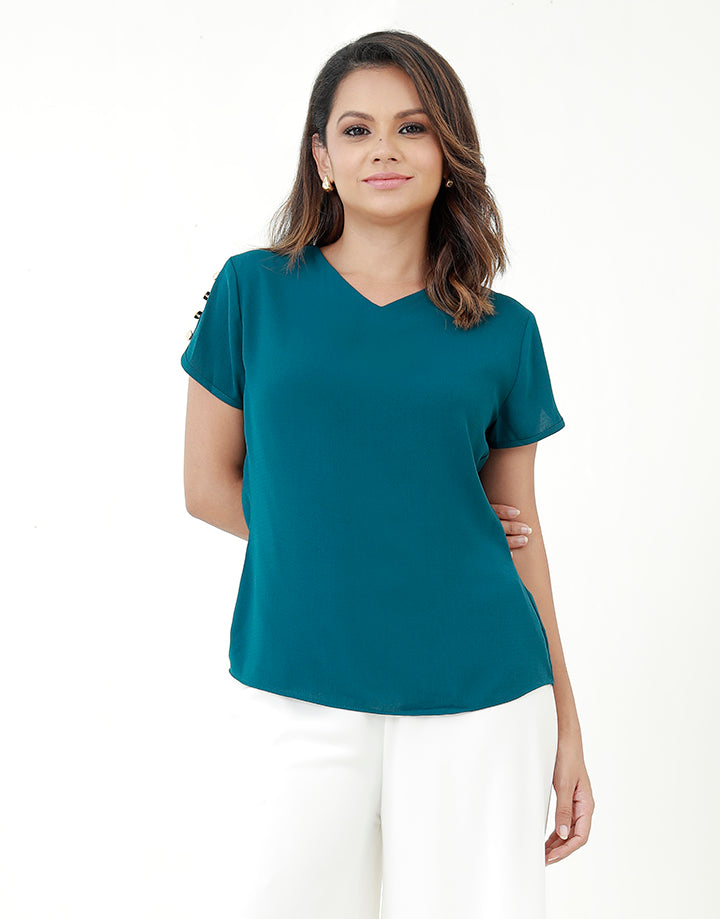 V-Neck Blouse with Metallic Buttons