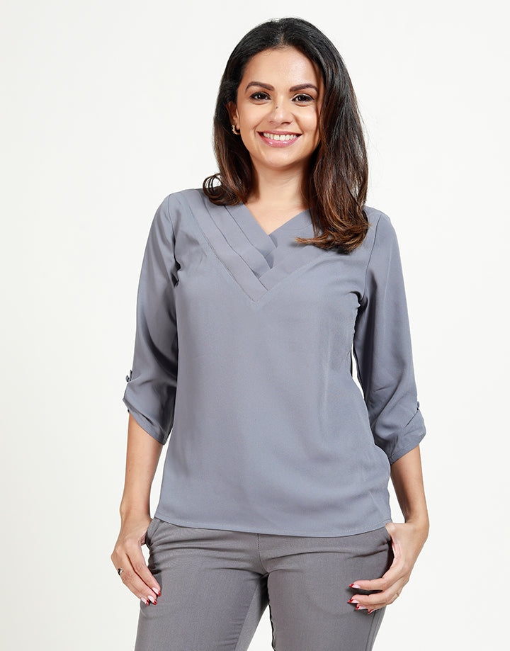 V-Neck Blouse with Pleated Neck Line