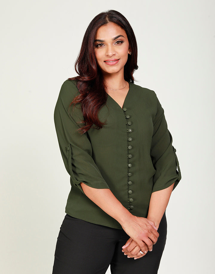 V-Neck Blouse with Tab Sleeves
