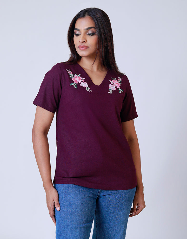 V-Neck Embroidered Top with Back Keyhole