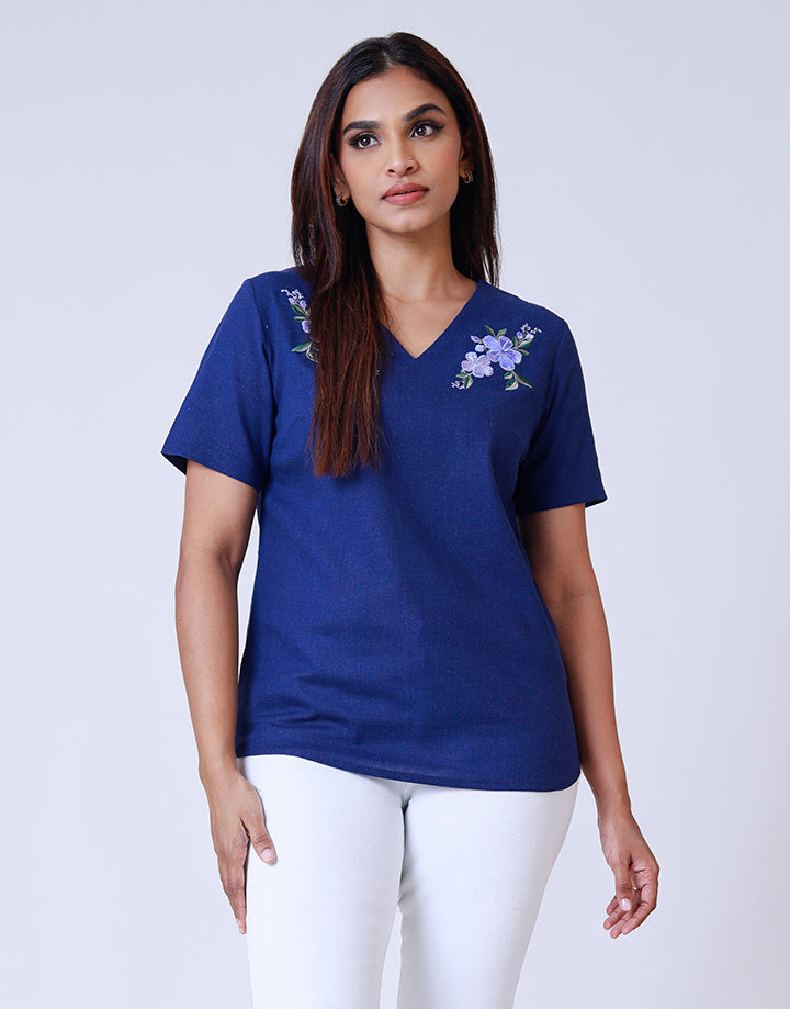 V-Neck Embroidered Top with Back Keyhole