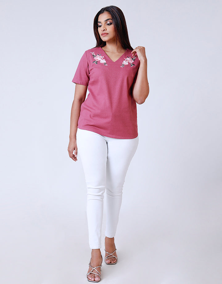 V-Neck Embroidered Top with Back Keyhole