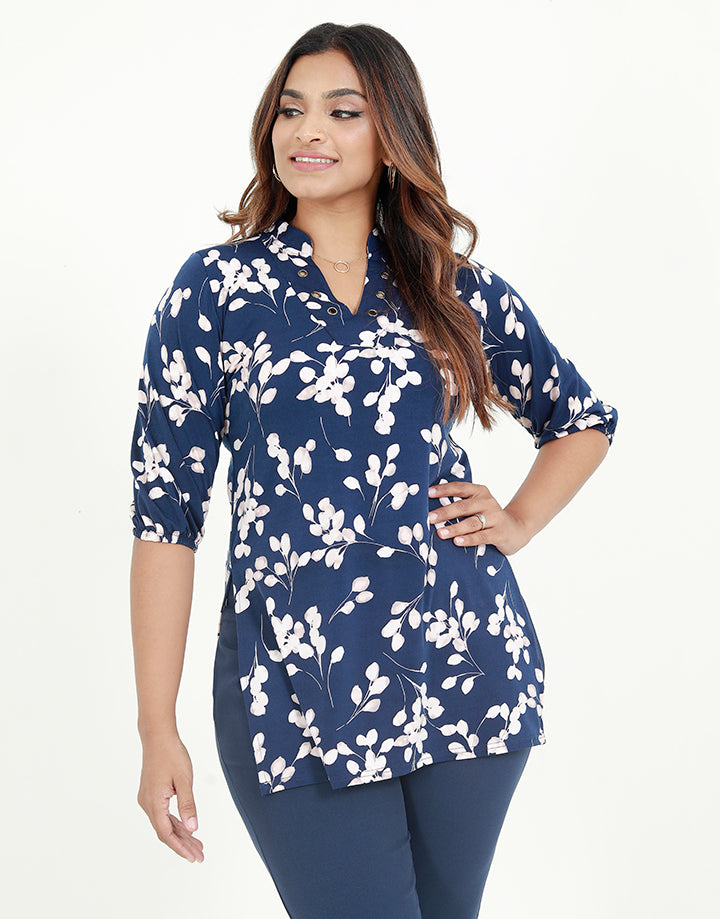 V-Neck Eyelet Detailed Printed Kurtha