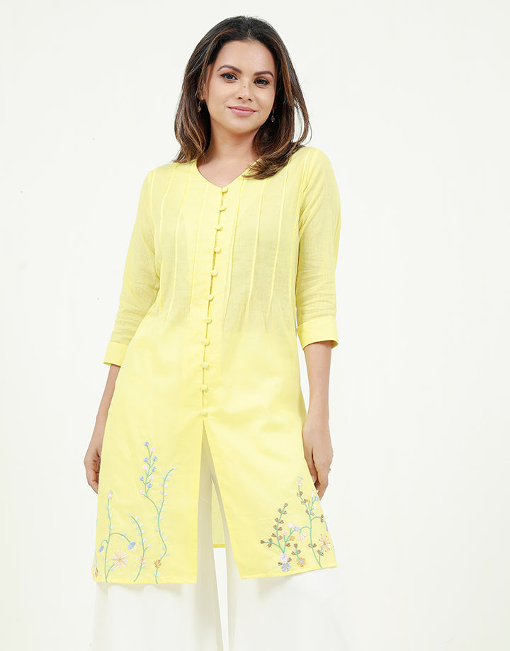 V-Neck Kurtha with Pintucks & Embroidery