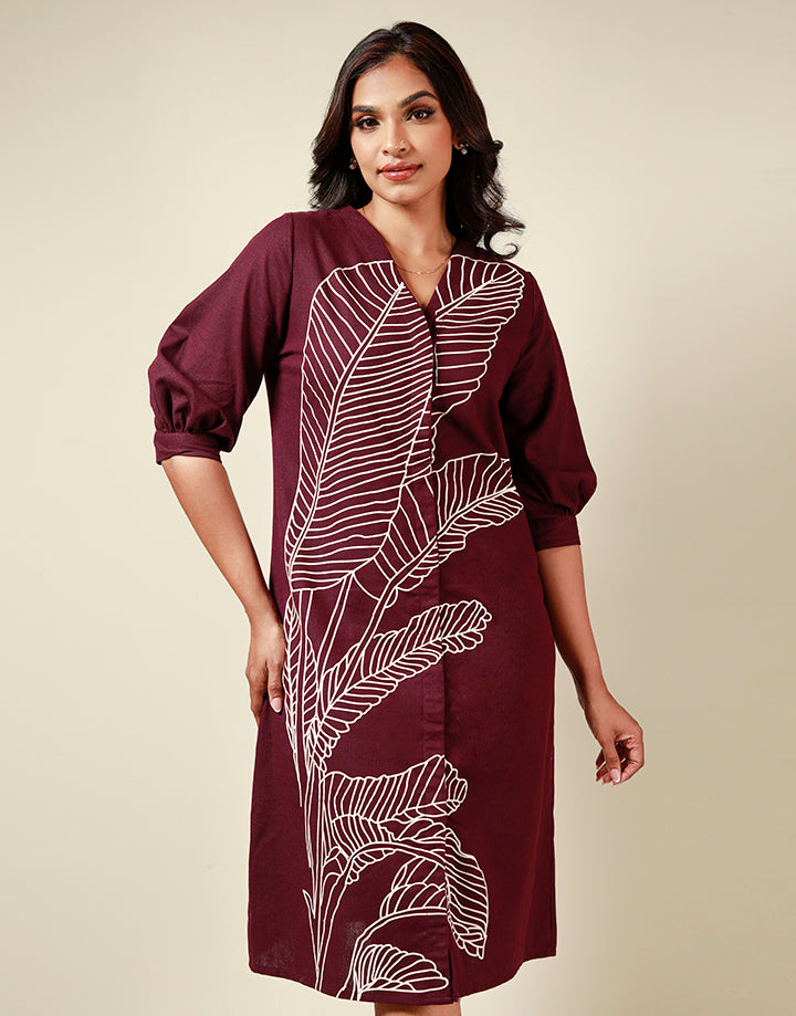 V-Neck Linen Dress with Screen Print