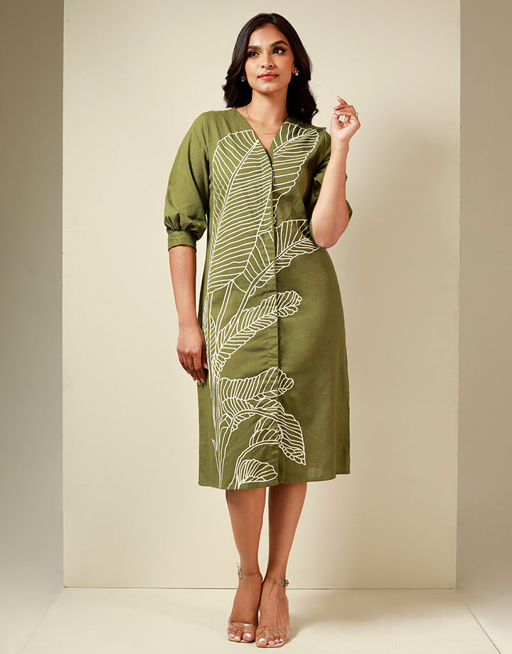 V-Neck Linen Dress with Screen Print