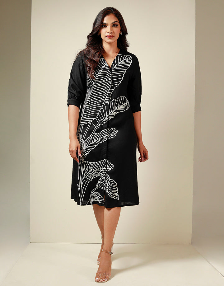 V-Neck Linen Dress with Screen Print