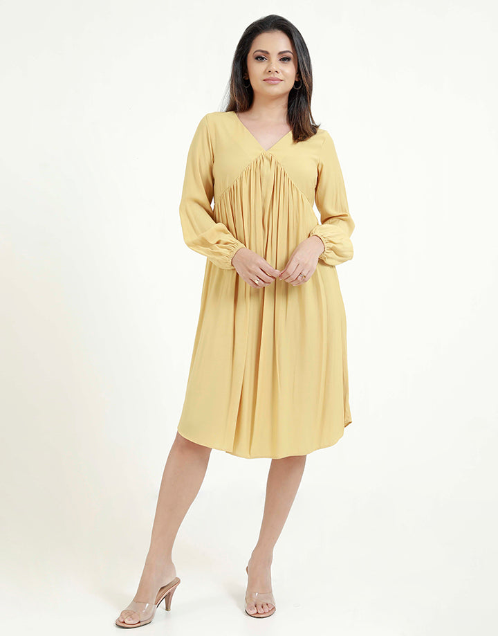 V-Neck Long Sleeves Dress with Gatheres